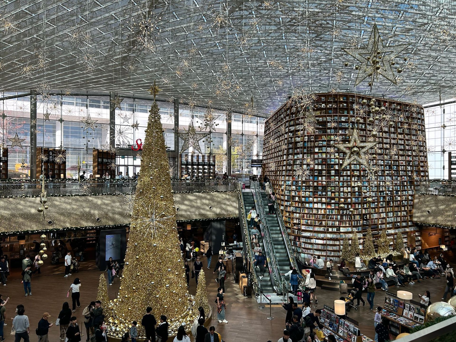 Indoor holiday atrium with a tall lit Christmas tree, escalators, and a large circular art installation