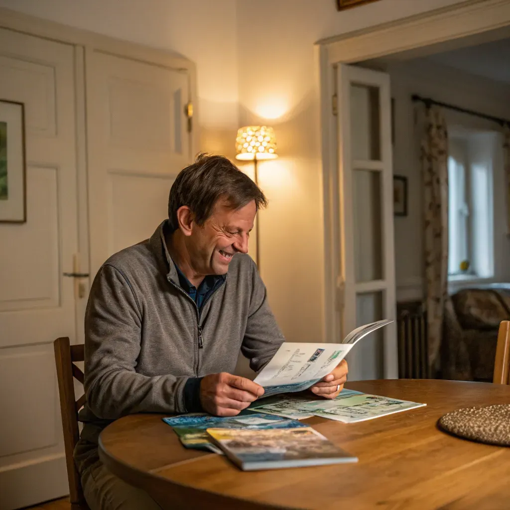 Man reading a brochure at a dining table in a warmly lit home interior