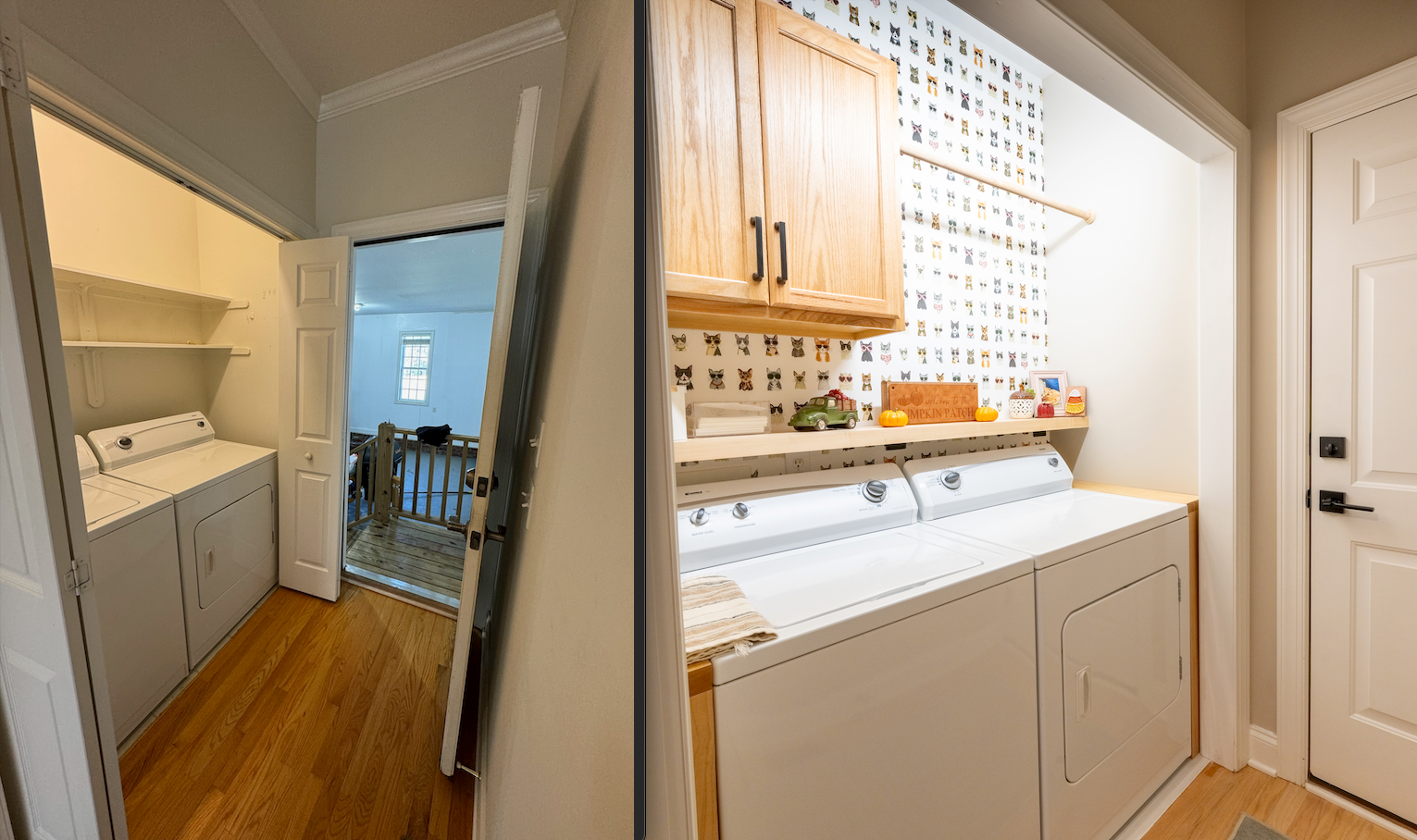 Laundry room with washer, dryer, and utility sink beside a hallway and open door.