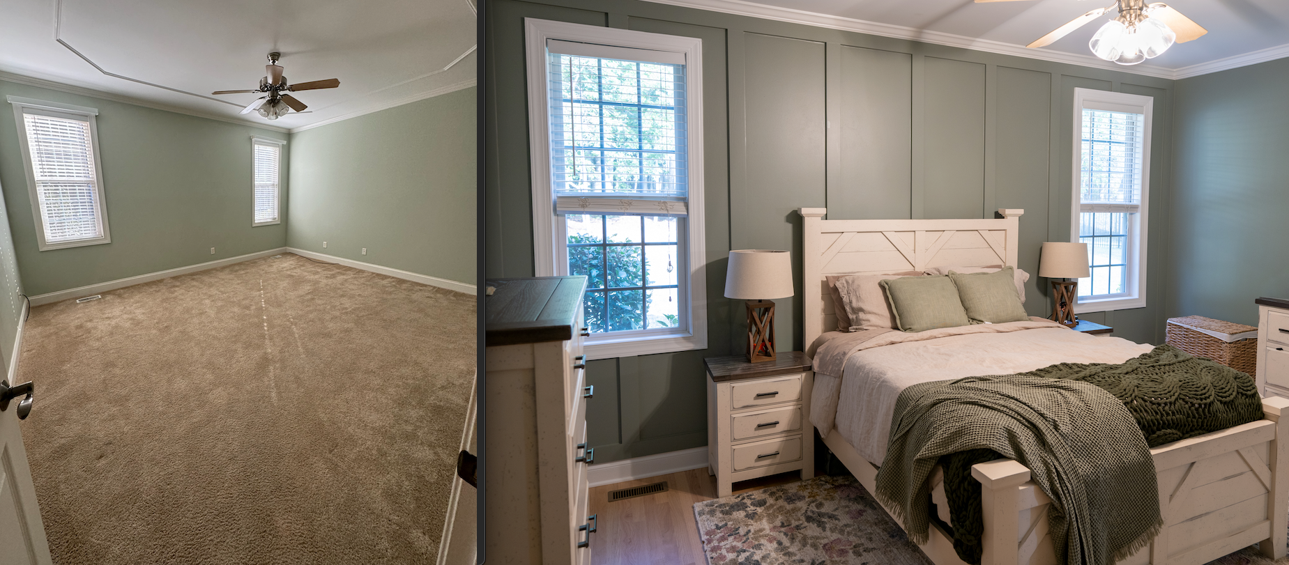 Empty bedroom with green walls, carpeted floor, and a bed with white bedding and windows on two sides