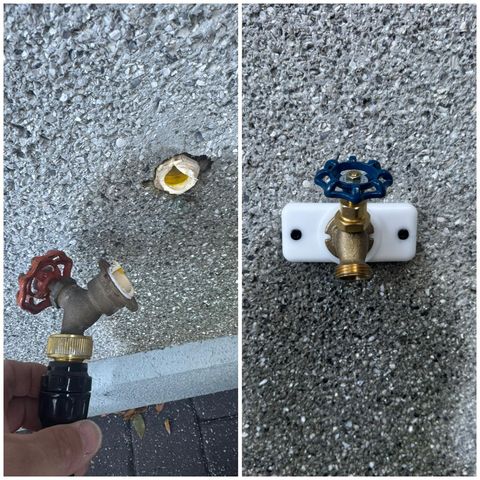 A split view showing a broken outdoor spigot held in hand, and a new wall-mounted spigot installed on a textured wall.