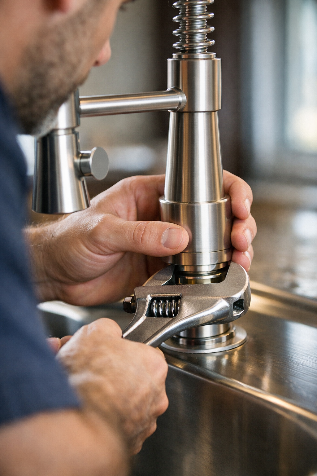 A person uses an adjustable wrench to tighten a metal kitchen faucet mounted on a stainless steel sink.