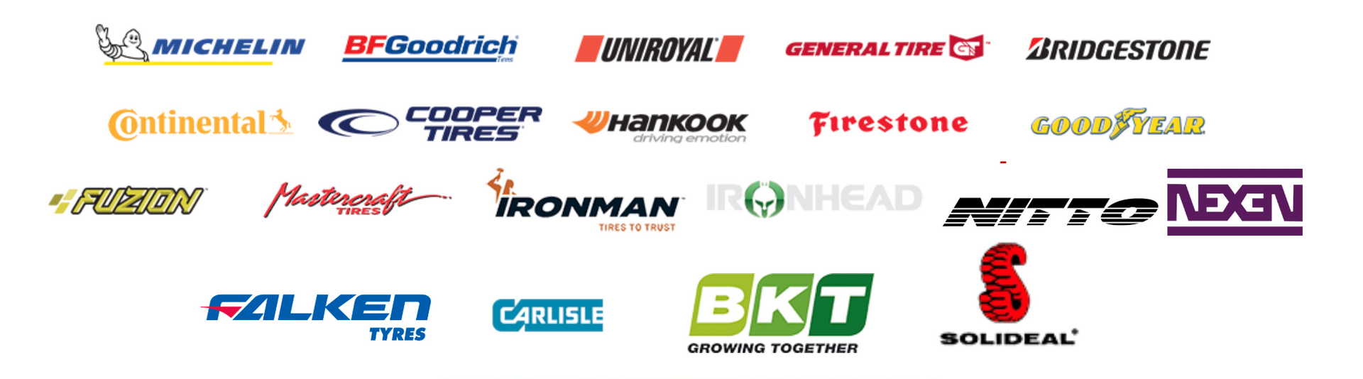 A grid of various tire brand logos, including Michelin, BFGoodrich, Continental, Goodyear, and others in diverse colors.