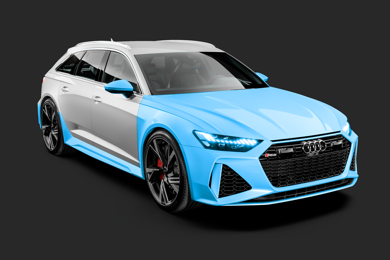 An Audi RS6 Avant wagon, half white, half blue, on a dark gray background.