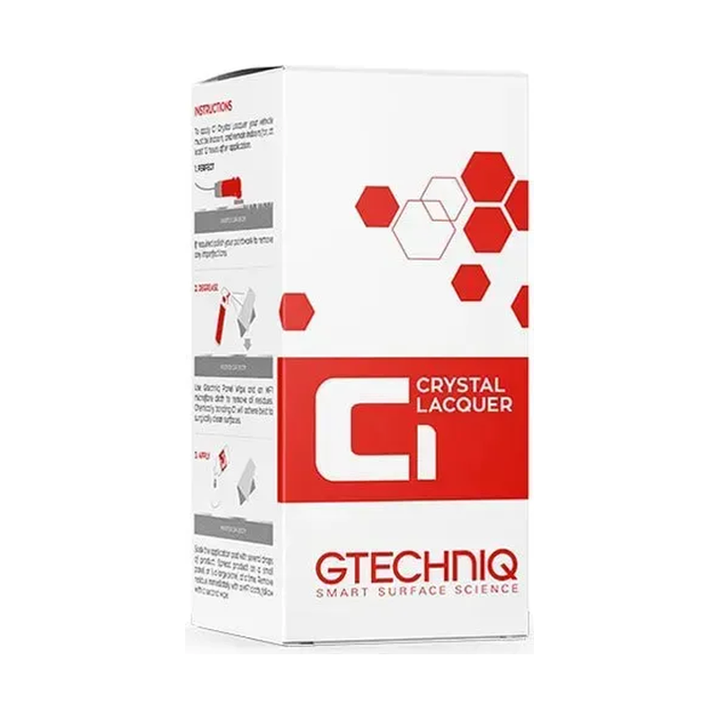 Gtechniq Crystal Lacquer car paint coating box with red and white packaging and hexagon graphics