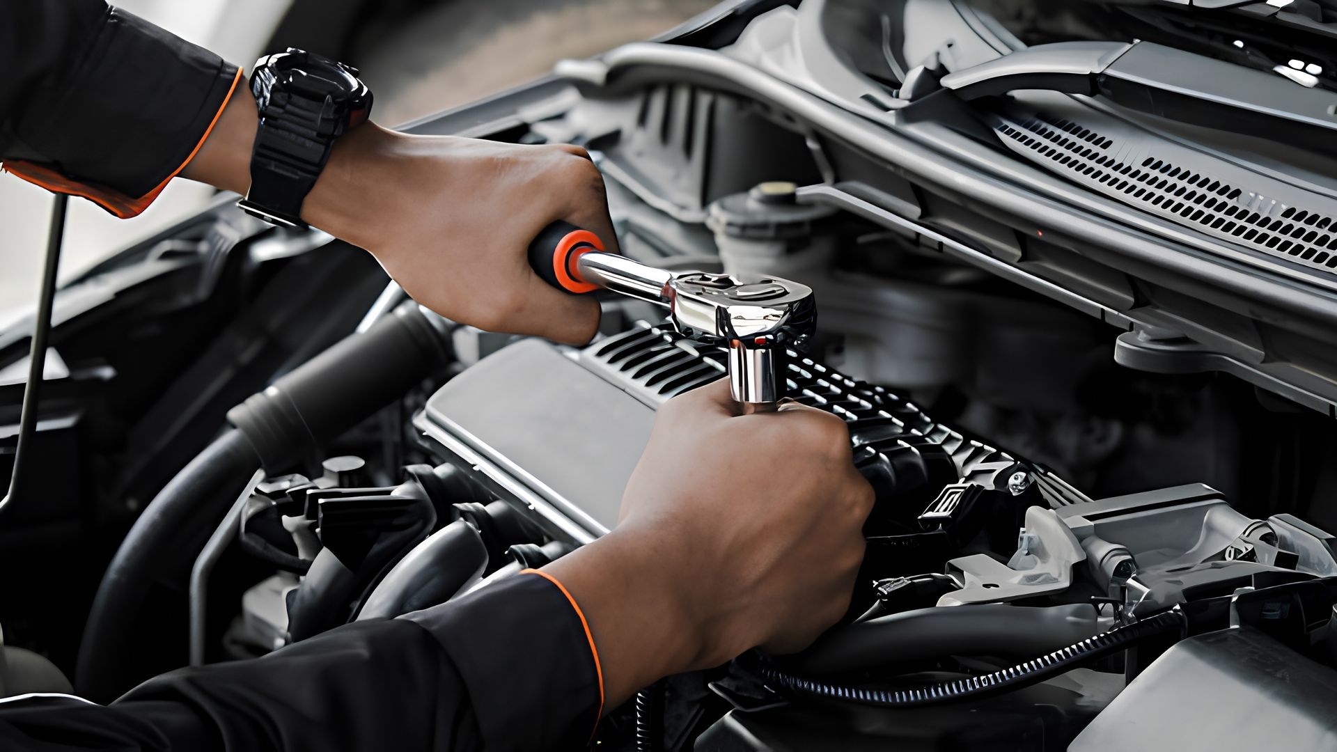Mechanic tightening a car engine bolt with a socket wrench under the hood