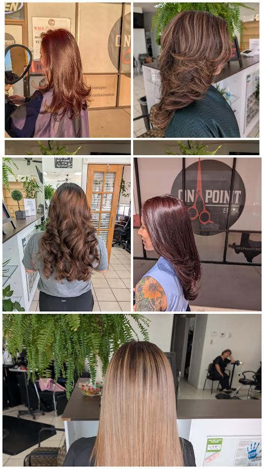 Collage of wavy hairstyle transformations at a salon, showing brown and blonde hair from back view