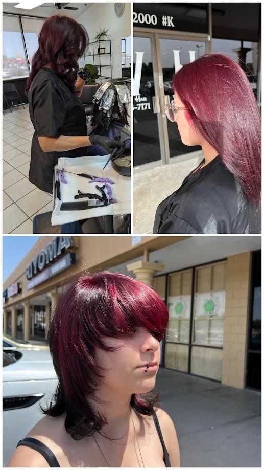 Collage of a person with burgundy hair at a salon and outside a store, showing side and front views
