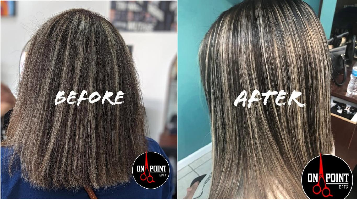 Hair transformation split-screen: dark curly before and smooth blonde highlighted after.