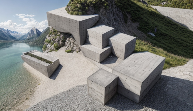 A large concrete structure is sitting on top of a hill next to a lake. from ARCWERKS