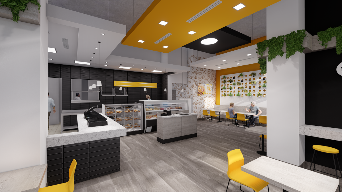 An artist 's impression of a restaurant with tables and chairs. from ARCWERKS
