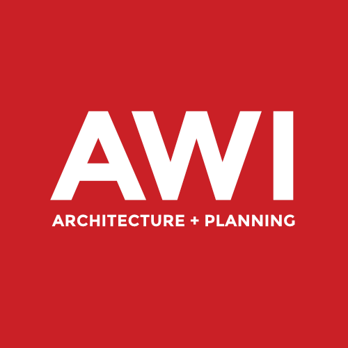 LOGO awi architecture and planning on a red background