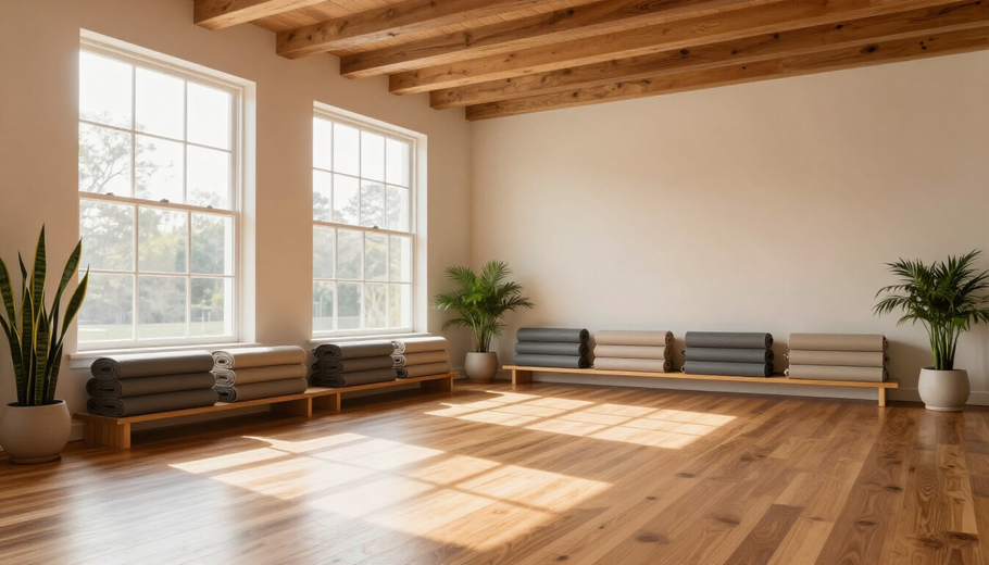 Bright sunlit studio with wooden floors, exposed beams, large windows, and low benches with cushions and plants