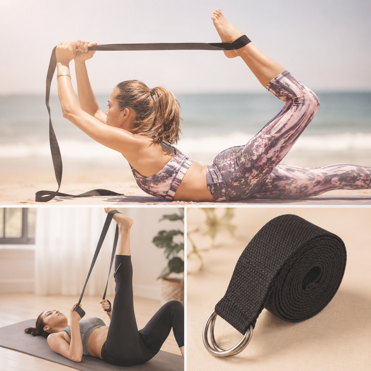 Woman stretching on beach with yoga strap; inset shows floor exercise and rolled strap with metal ring