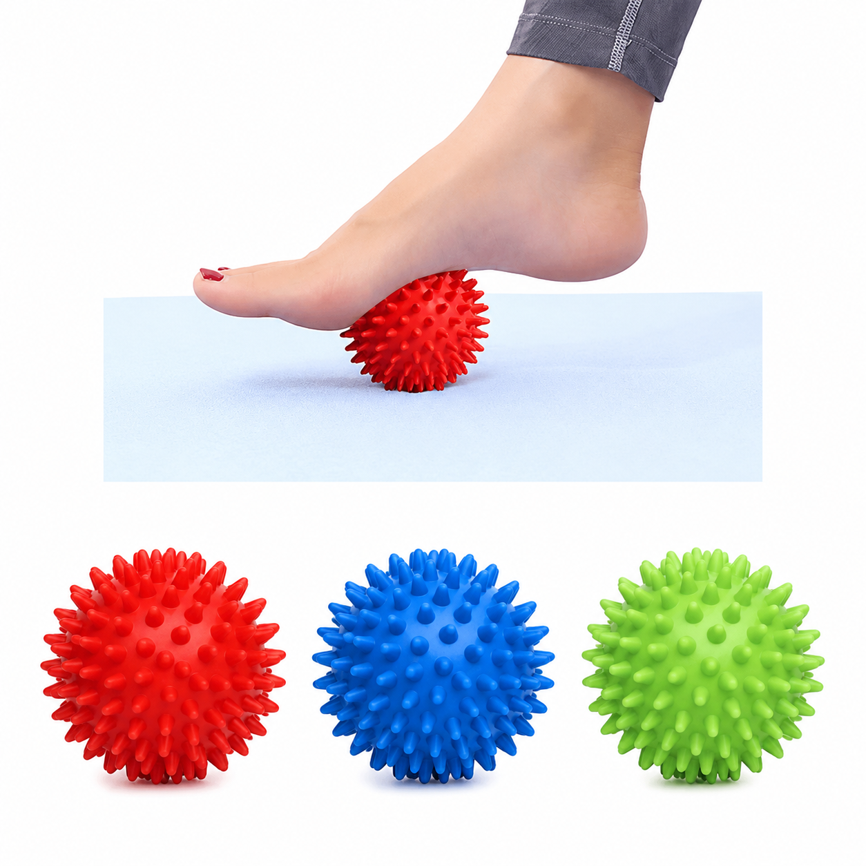 Foot pressing a red spiky massage ball; red, blue, and green balls shown below.