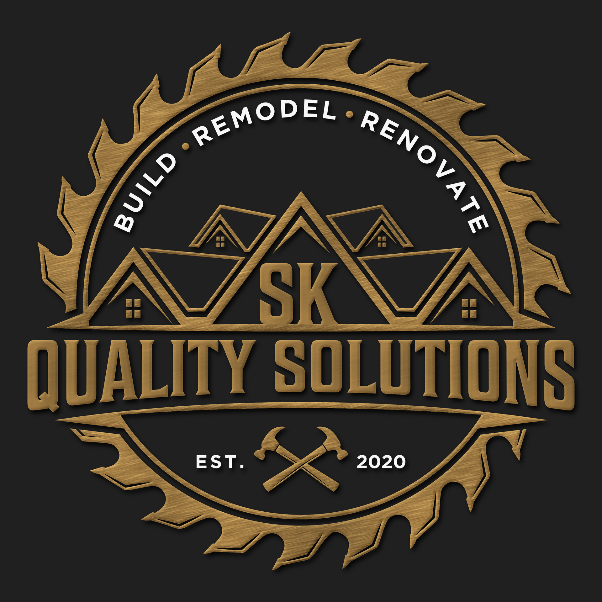 Gold circular logo for SK Quality Solutions with house rooftops, crossed hammers, and build renovate text
