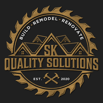Gold circular logo for SK Quality Solutions with house rooftops, crossed hammers, and build renovate text