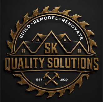 Gold circular logo for SK Quality Solutions with house rooftops, crossed hammers, and build renovate text