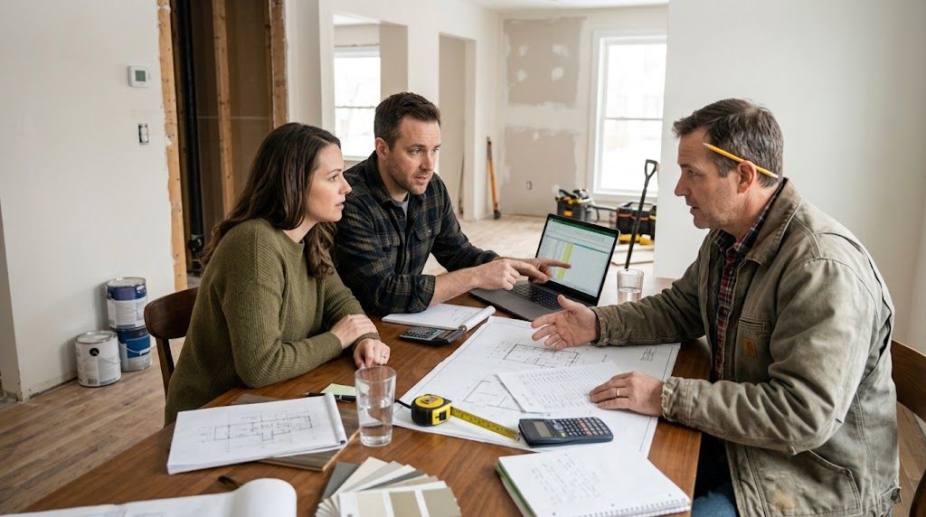Couple discussing kitchen remodel budget with contractor