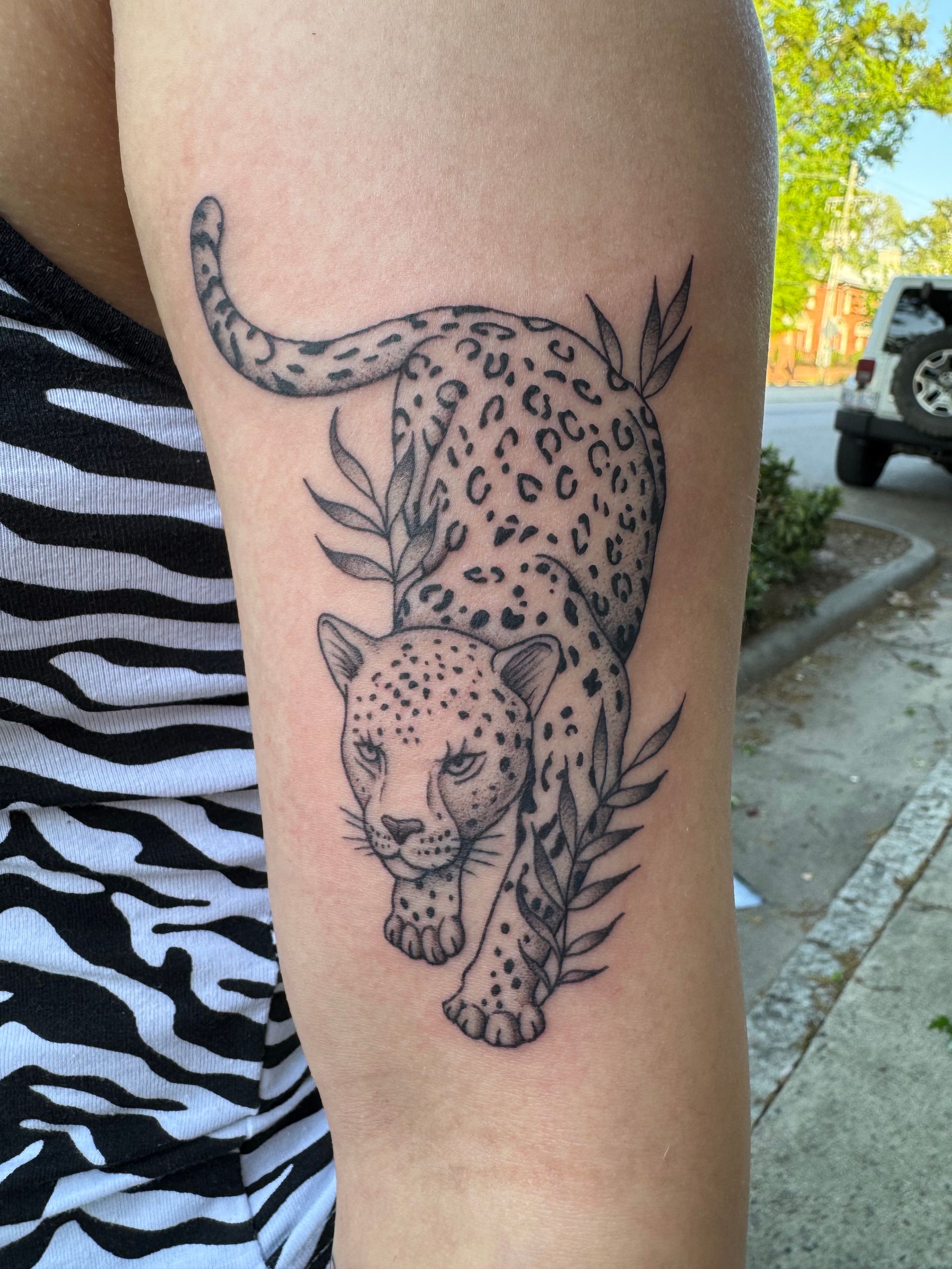 Leopard tattoo on a person’s upper arm outdoors, with a black-and-white striped shirt visible.