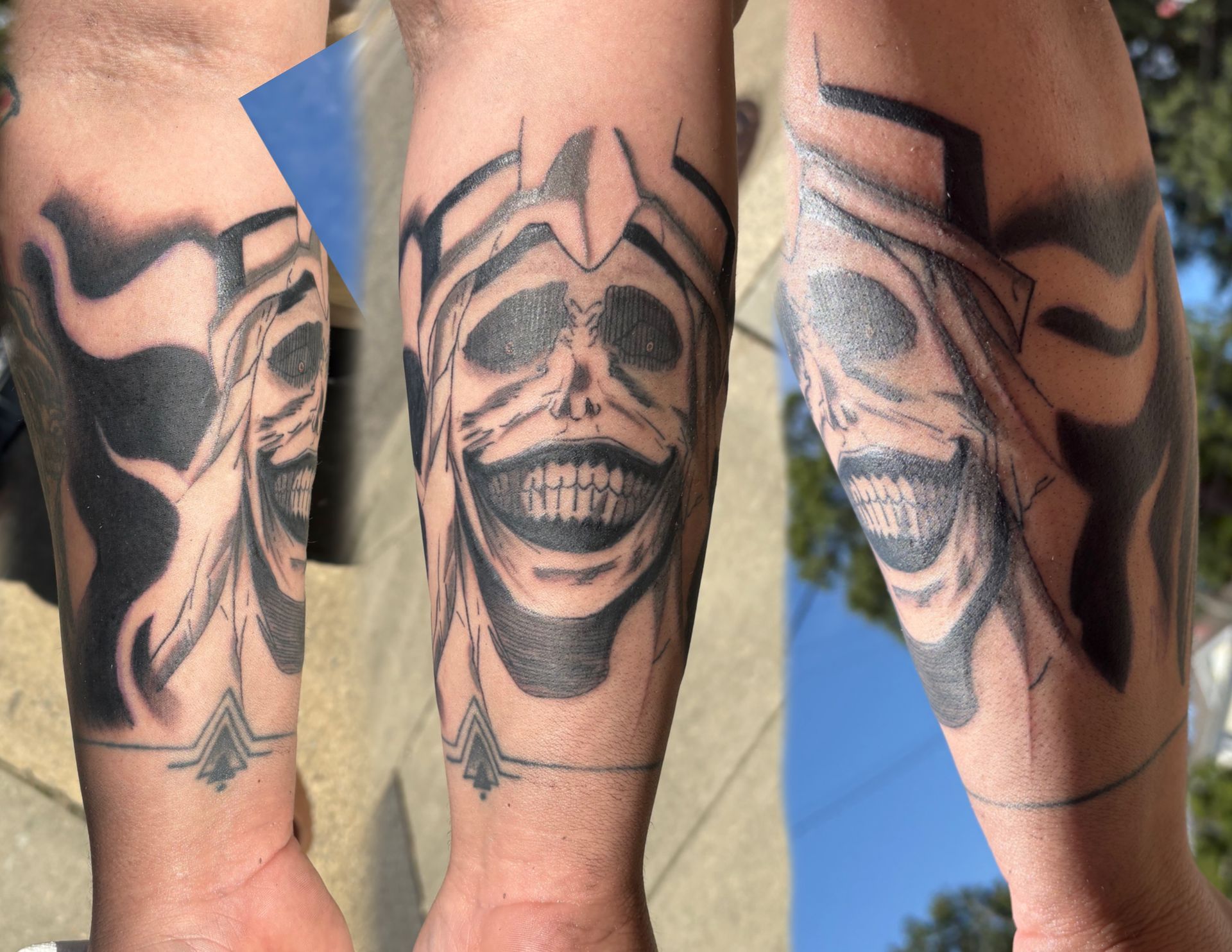 Close-up of three forearms with black skull tattoos, shown side by side outdoors.