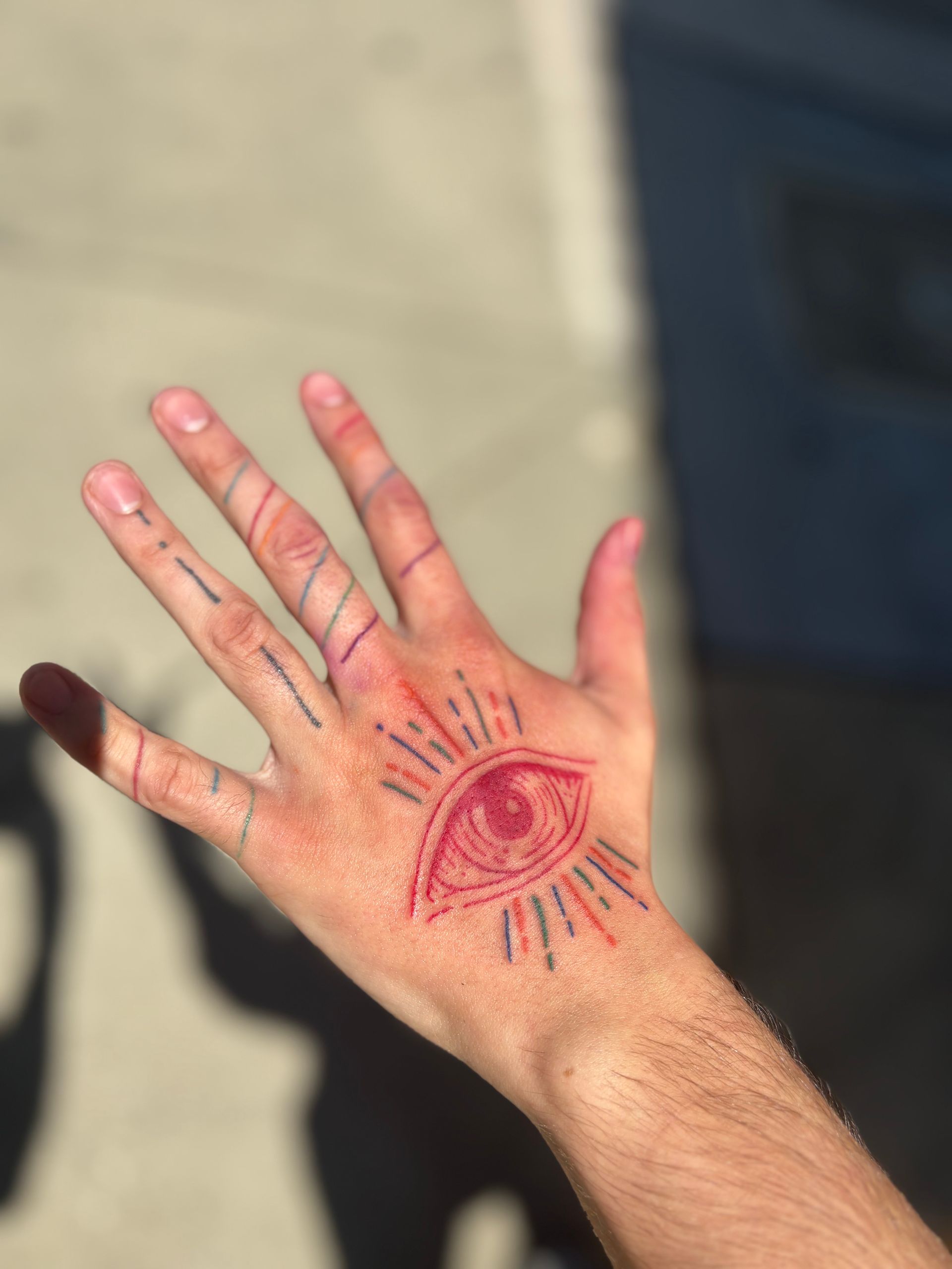 Open palm with a red eye design drawn on the back of the hand outdoors.