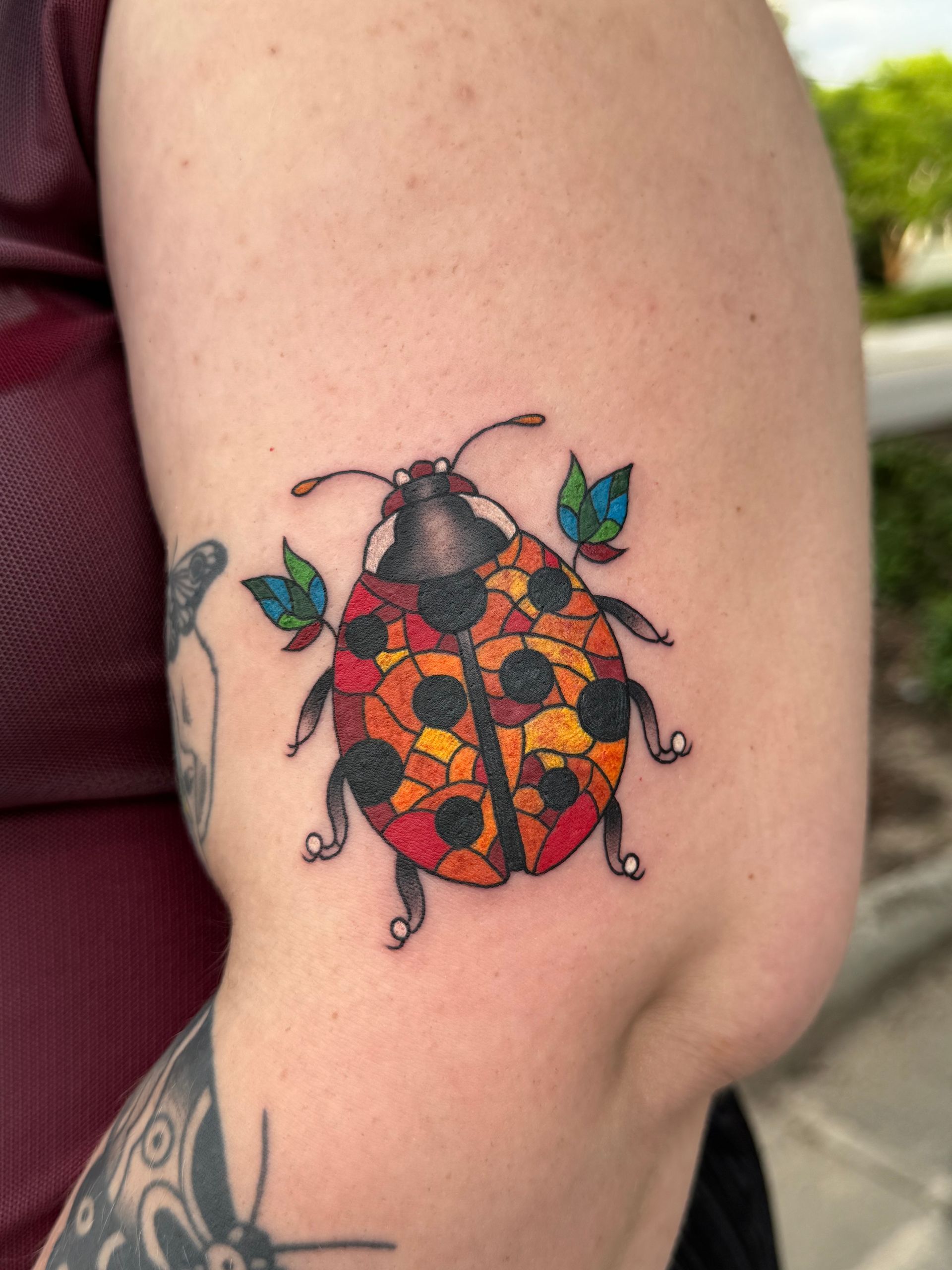 Close-up of a colorful ladybug tattoo on an arm with blue leaves and dotted legs.