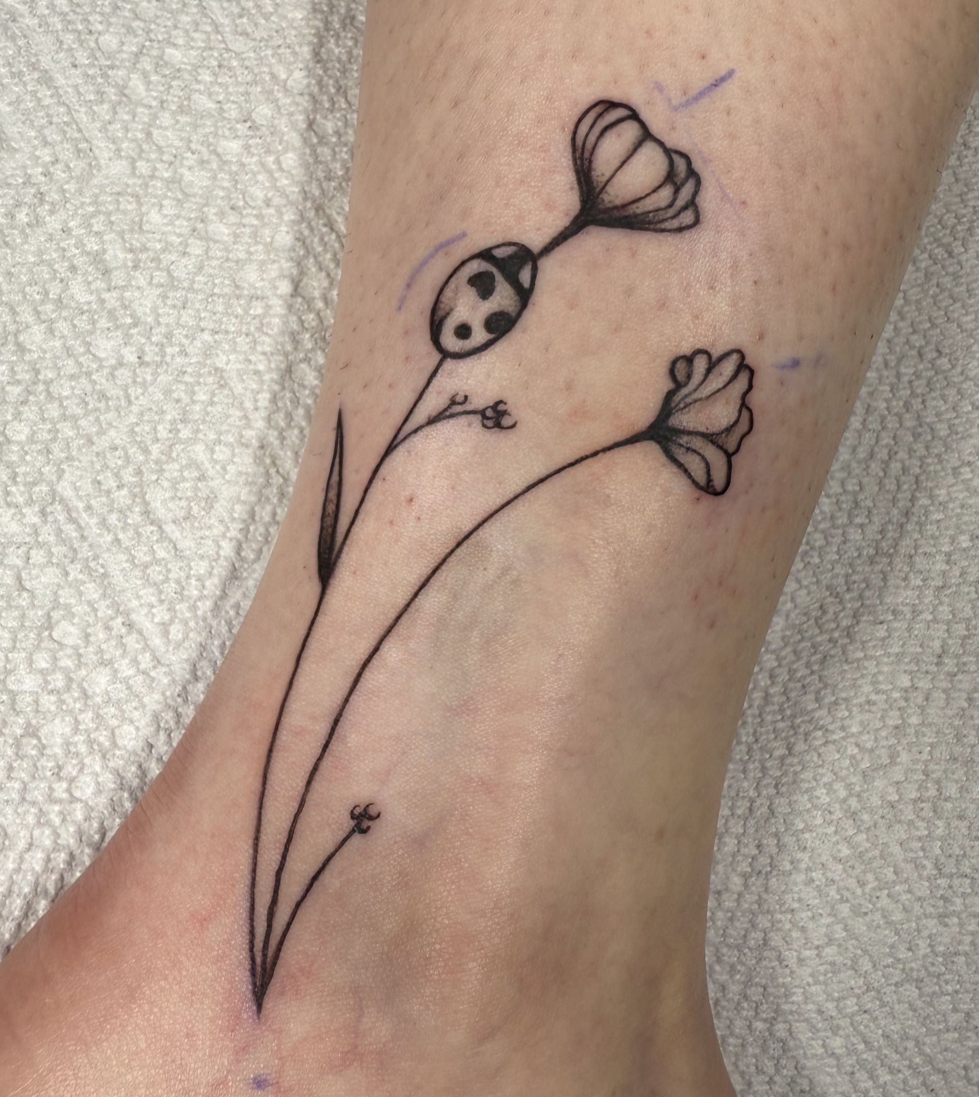 Close-up of a black line-art tattoo of flowers and a ladybug on a person's ankle.