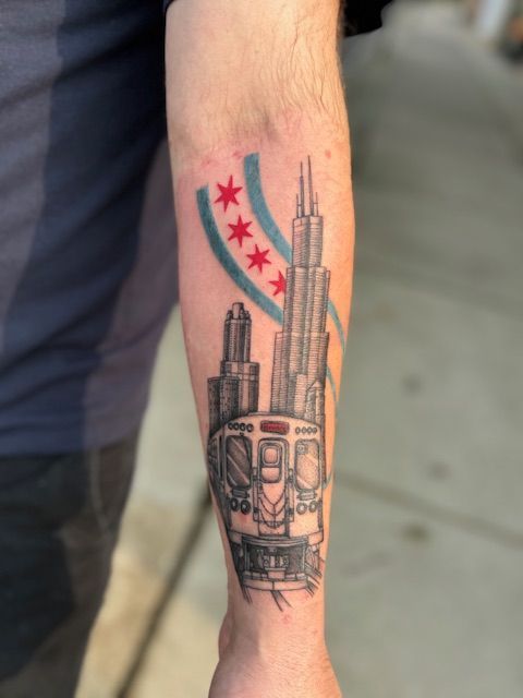 Forearm tattoo of Chicago skyline and CTA train with red stars and blue stripe