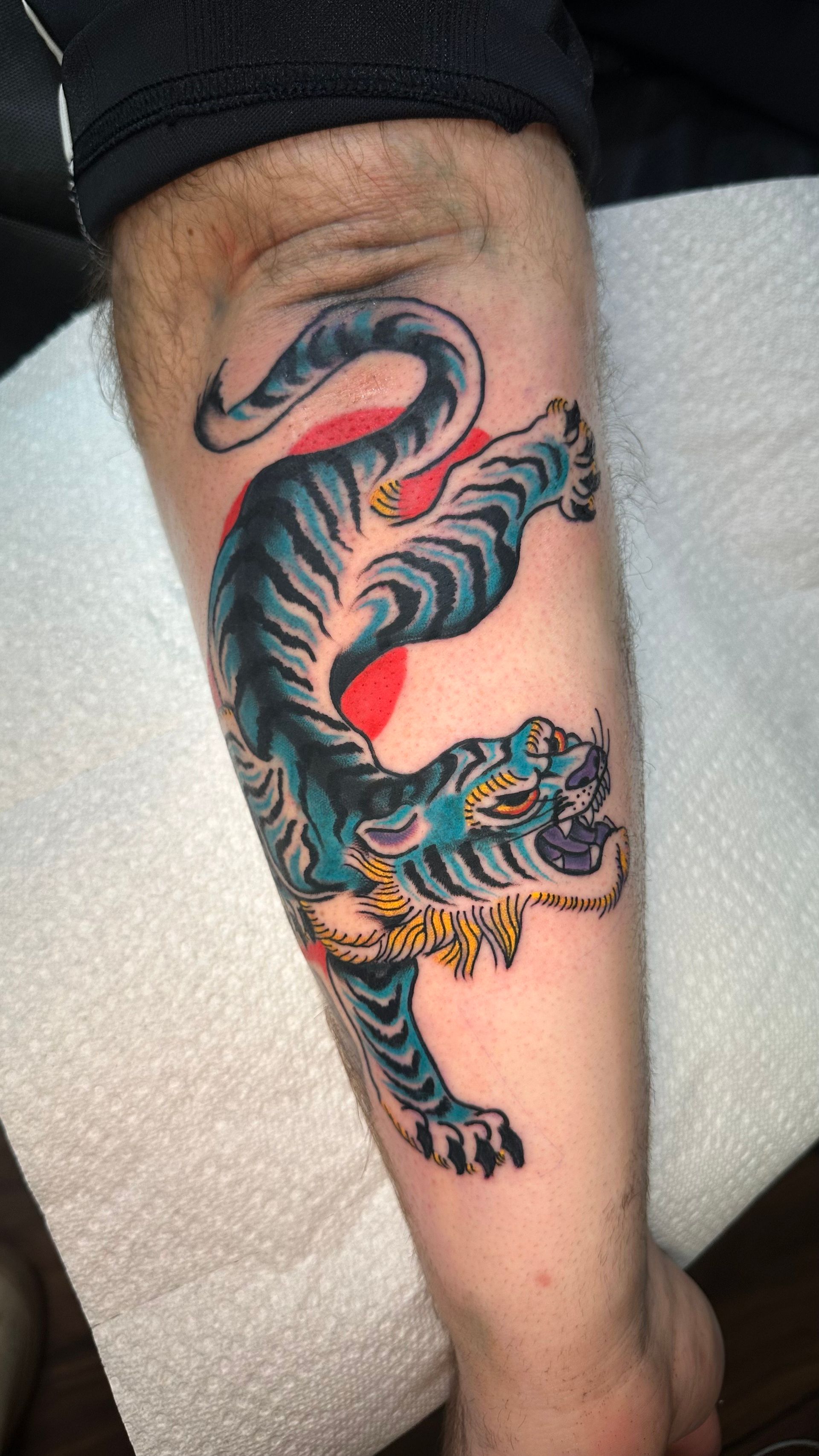 Colorful dragon tattoo on a person's lower leg, with black, red, and blue details.