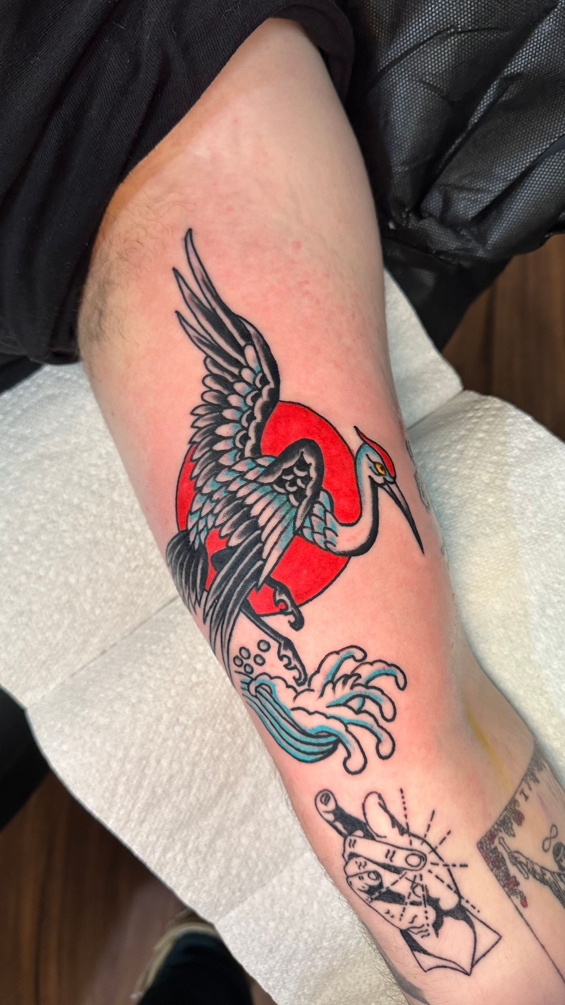Tattoo of a black and red bird with wings spread, perched on a hand on a forearm.