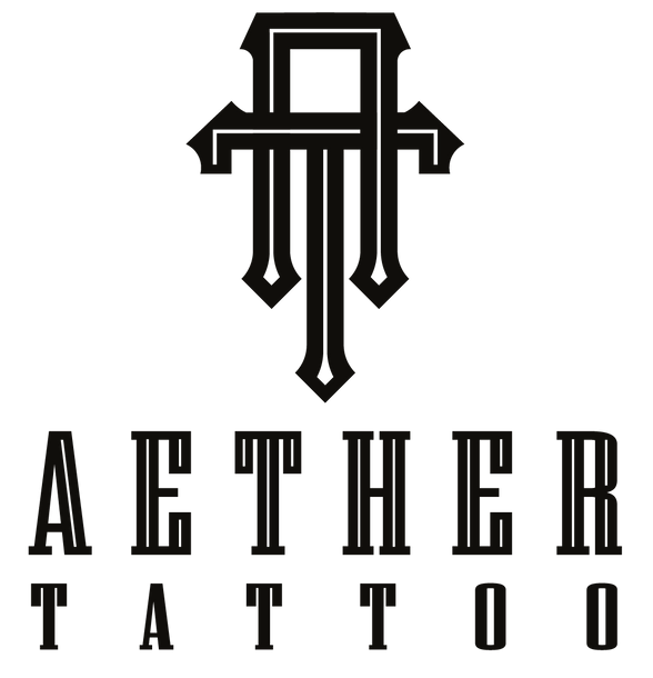 Black Aether Tattoo logo with geometric emblem above stylized text on a white background