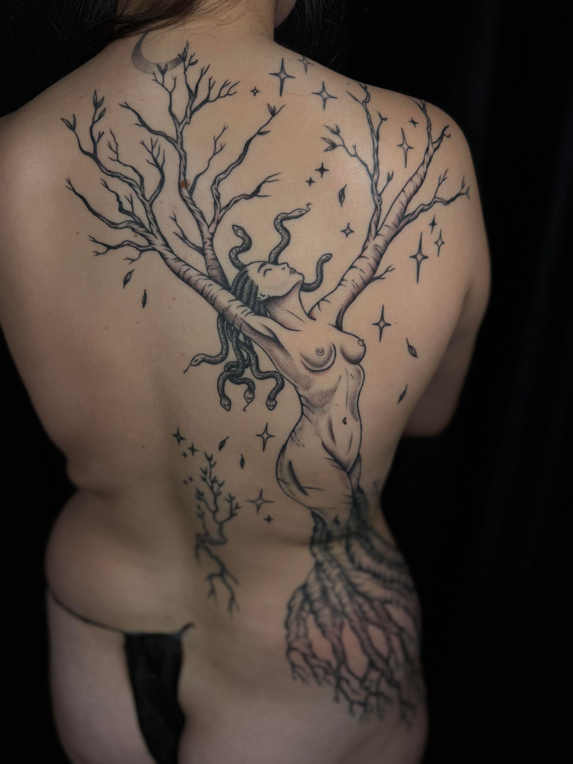 Bare back with black tree-and-branch tattoo design spreading from shoulder to lower back