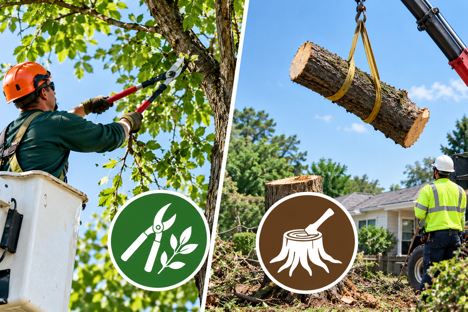 Arborists trimming a tree in a suburban yard, with one worker in a bucket lift and a log being lowered by crane.
