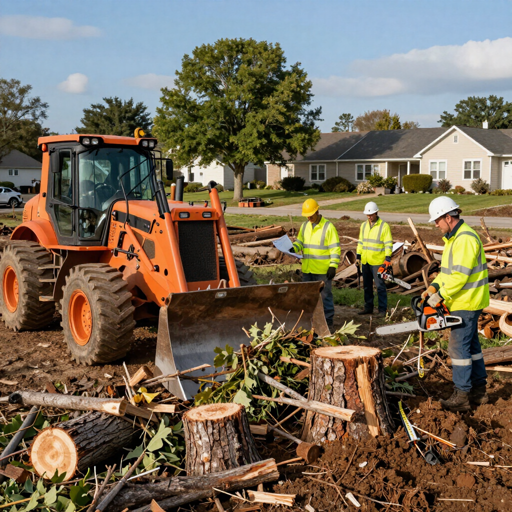 Workers in safety gear using a skid steer to clear fallen branches and tree stumps in a suburban yard