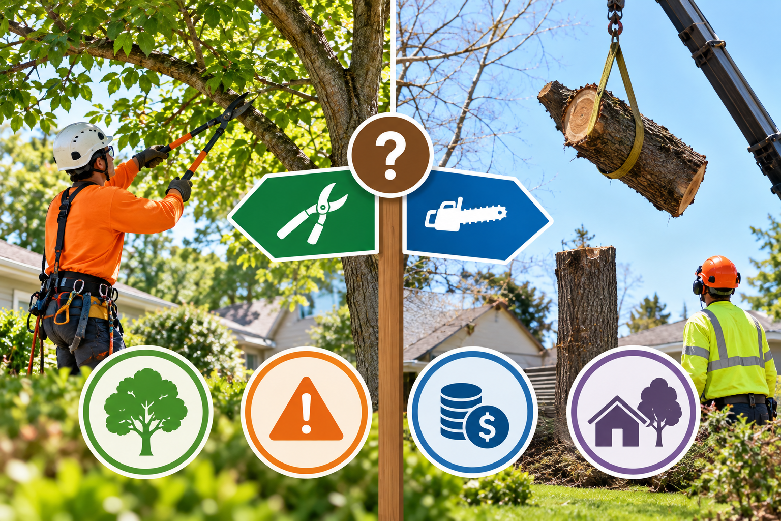 Tree care worker trimming a branch near a signpost with directional icons and yard-service symbols
