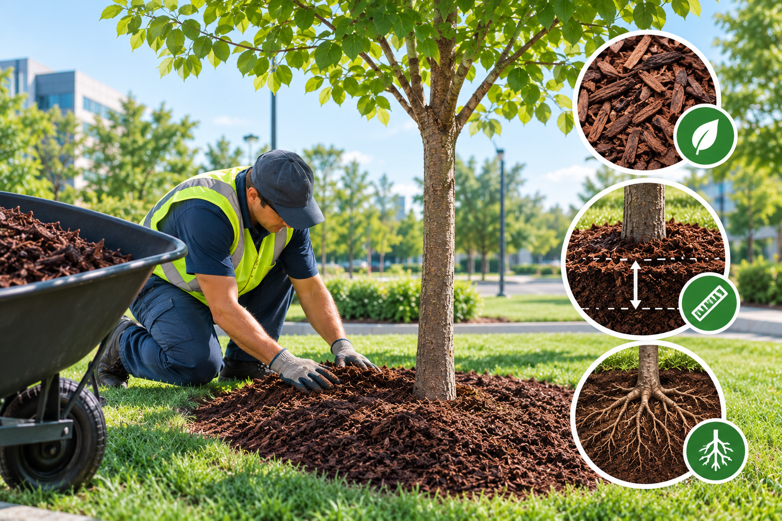 Worker spreading mulch around a tree in a sunny park, with mulch and tree root close-ups shown at right