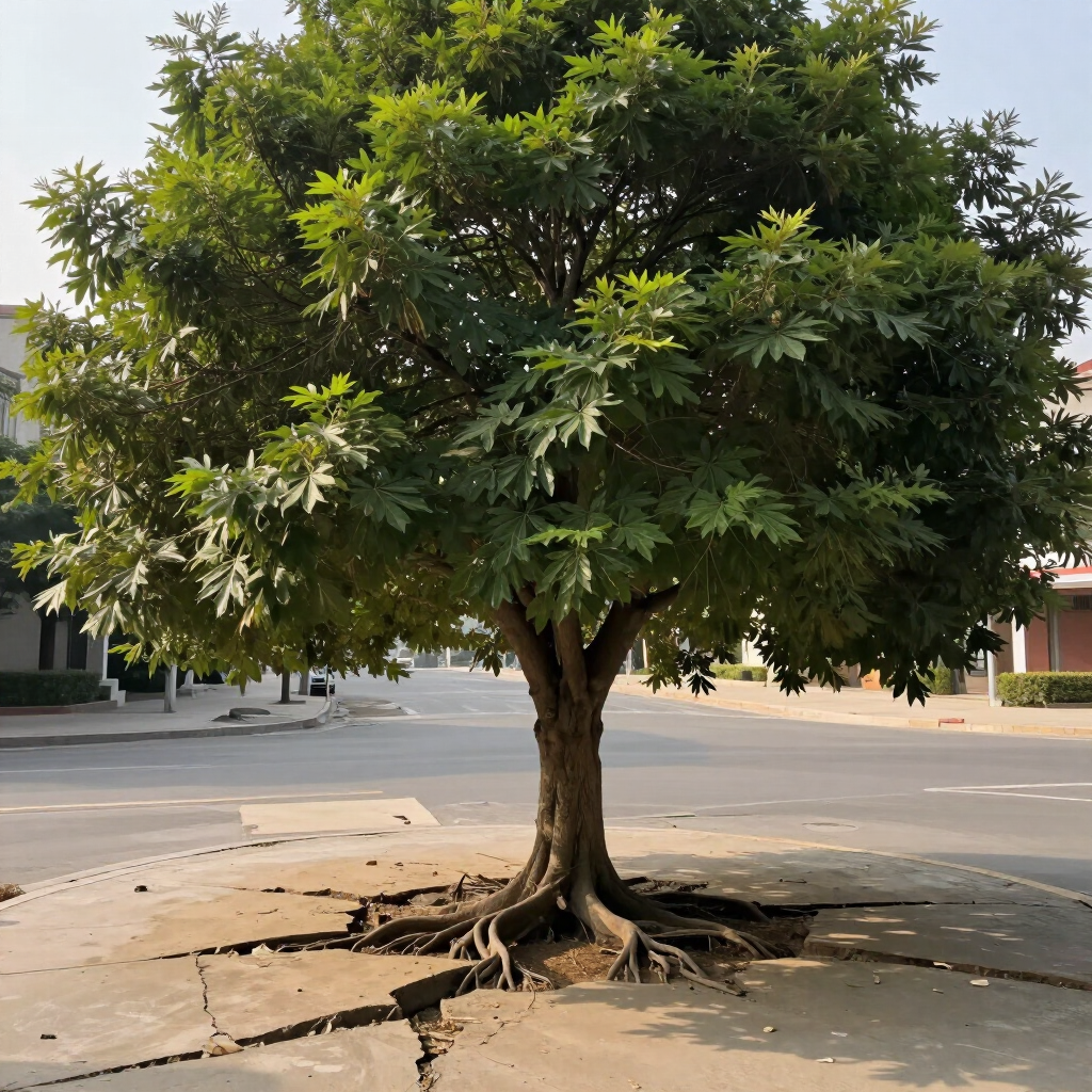 Large leafy tree growing from a cracked sidewalk in a quiet street scene.