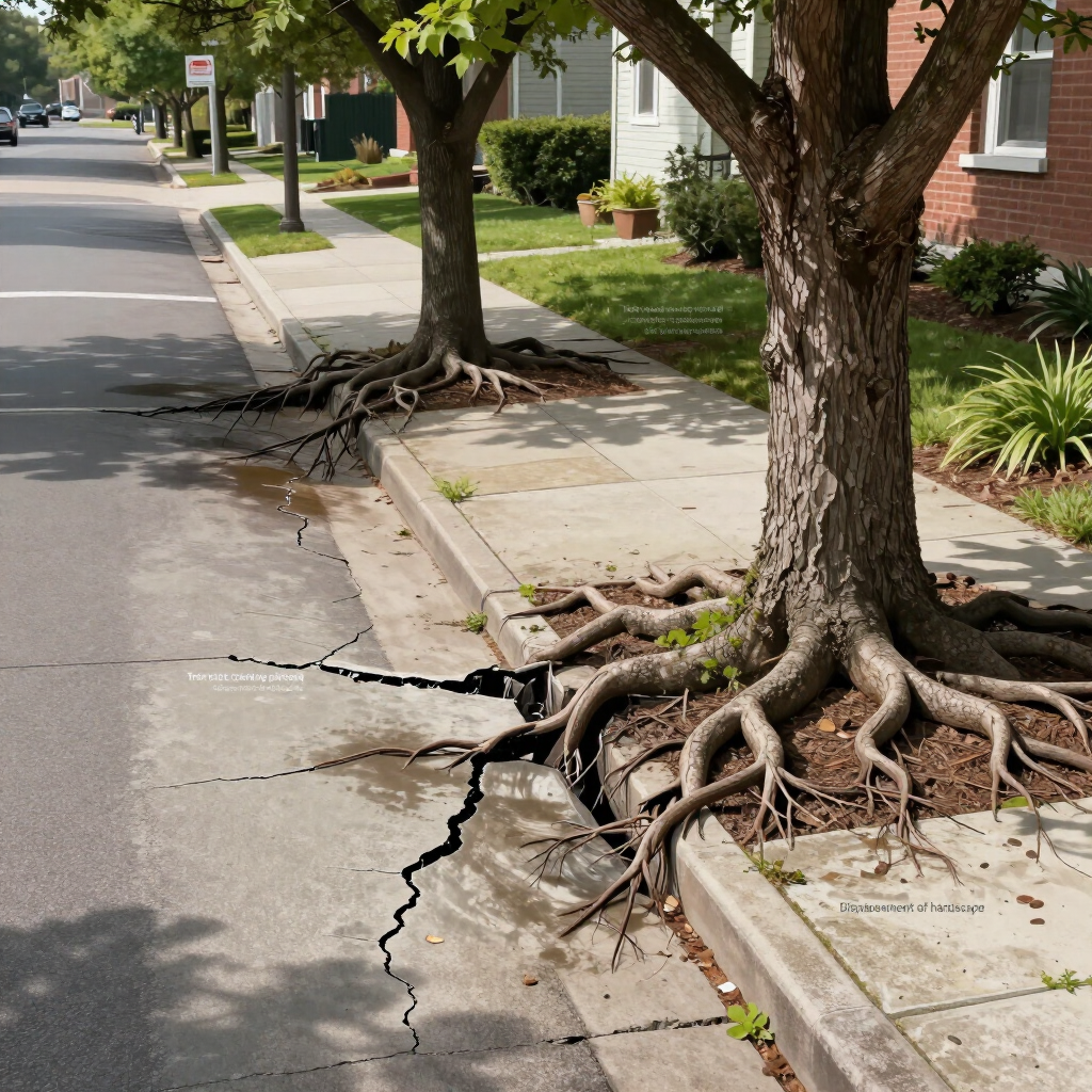 Tree roots buckling a sidewalk and cracking the street curb beside a residential road.