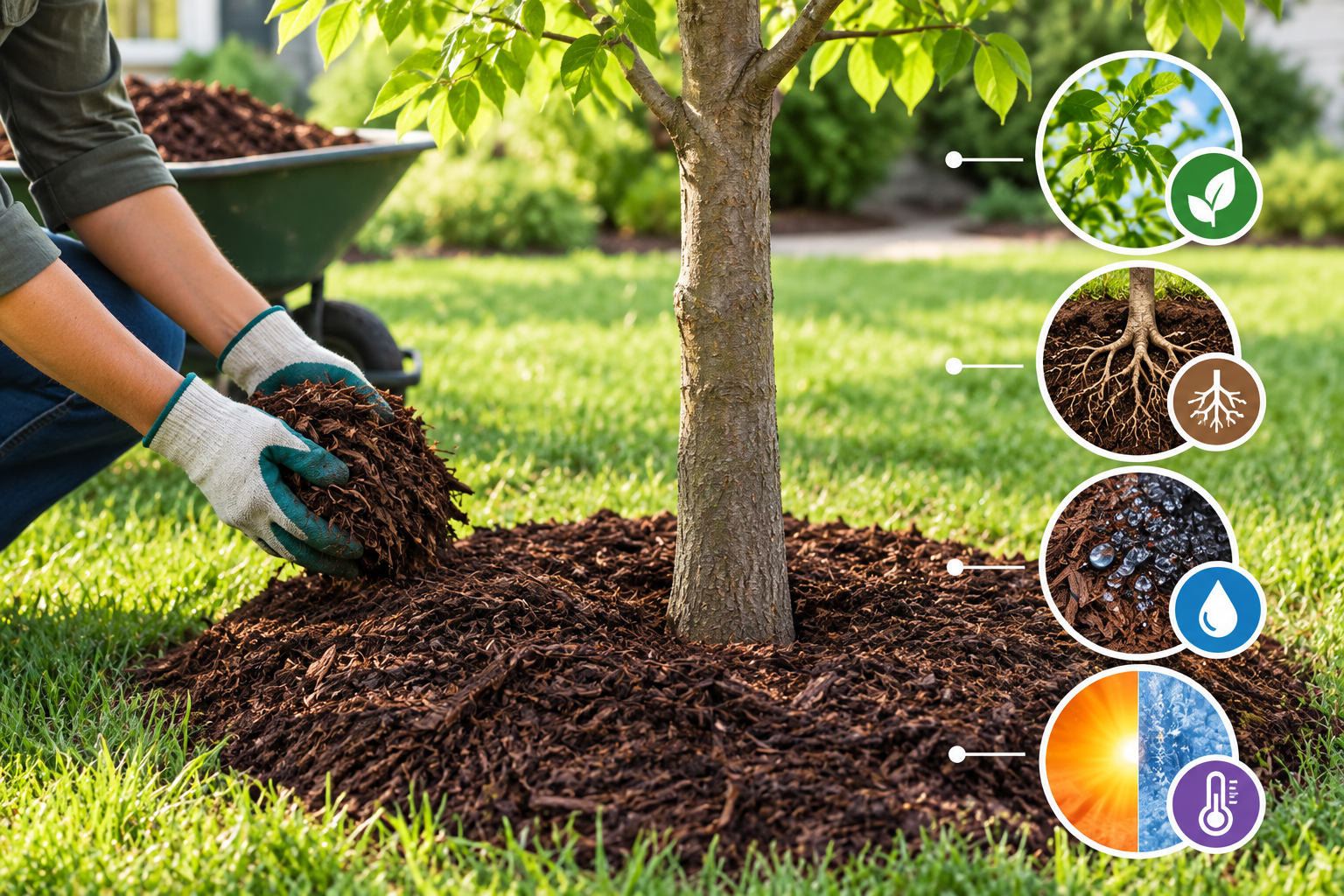 Person mulching a young tree in a green garden, with planting care icons on the right