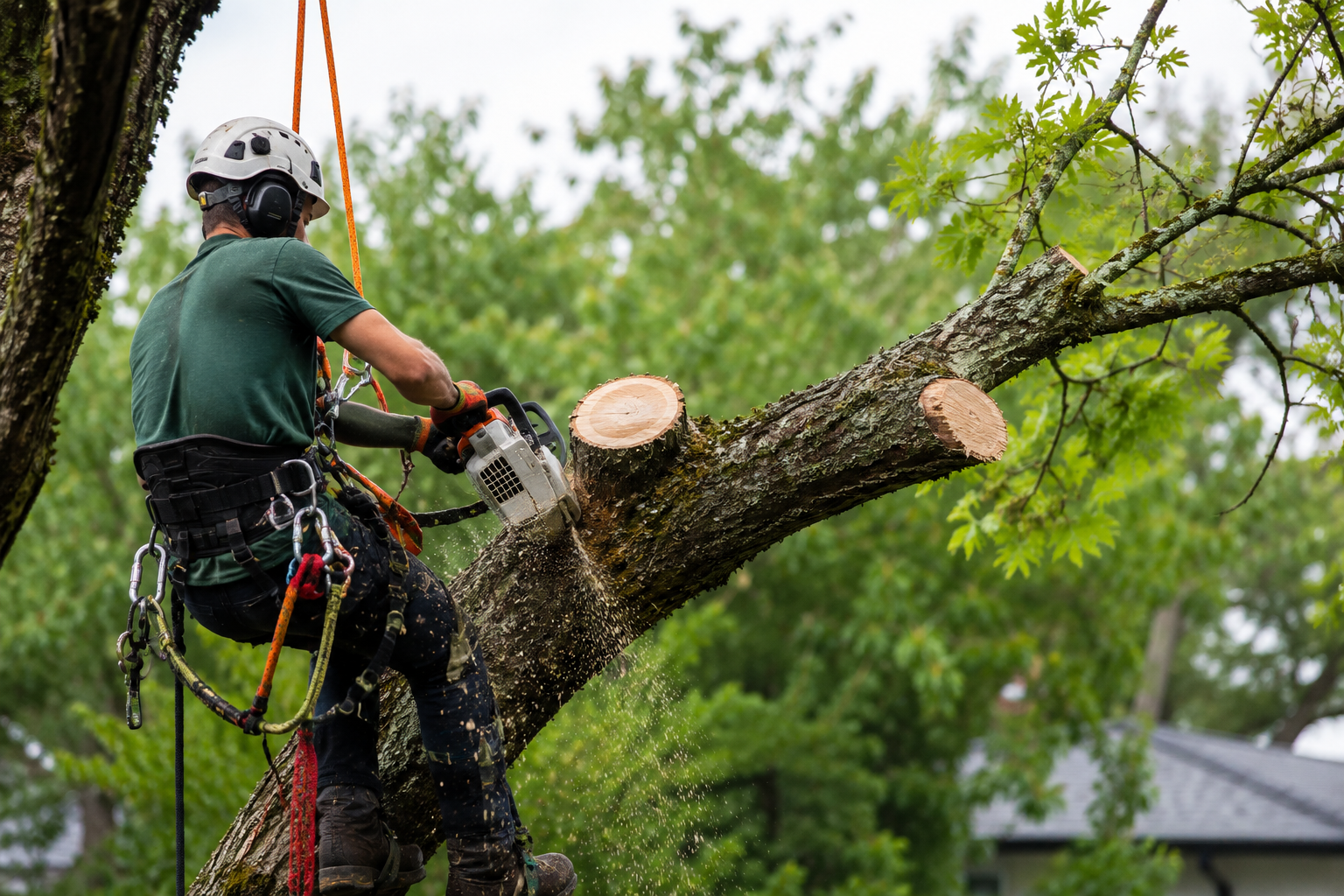 Arborist in safety gear cutting a tree branch with a chainsaw while suspended by ropes