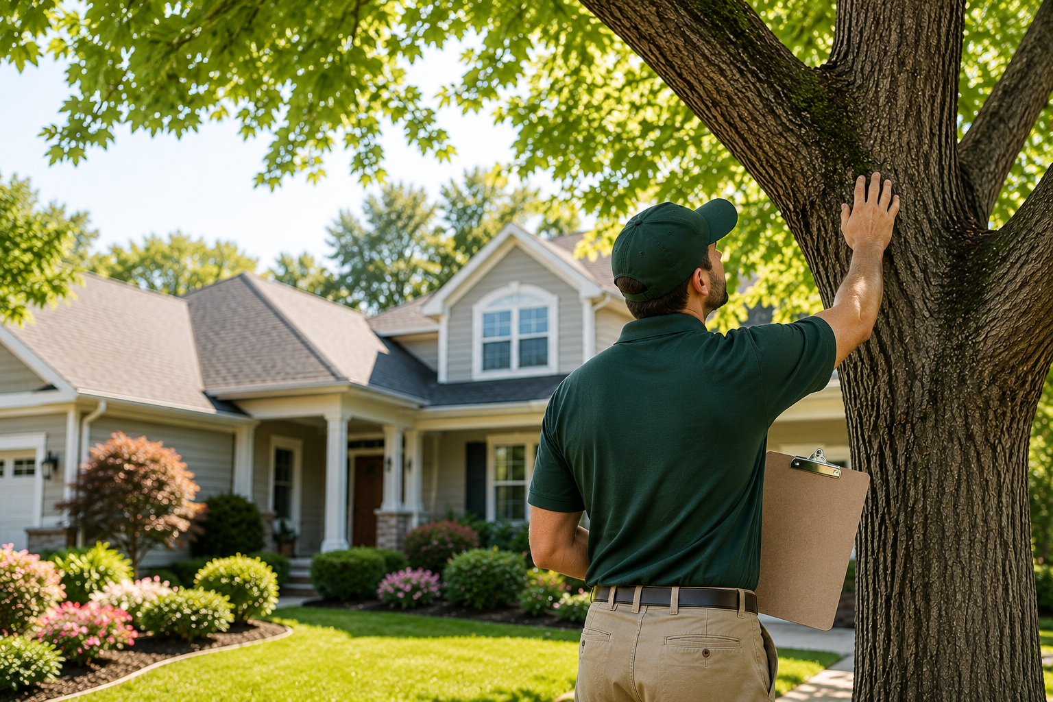 Lawn care worker trimming a large tree beside a suburban house on a sunny day
