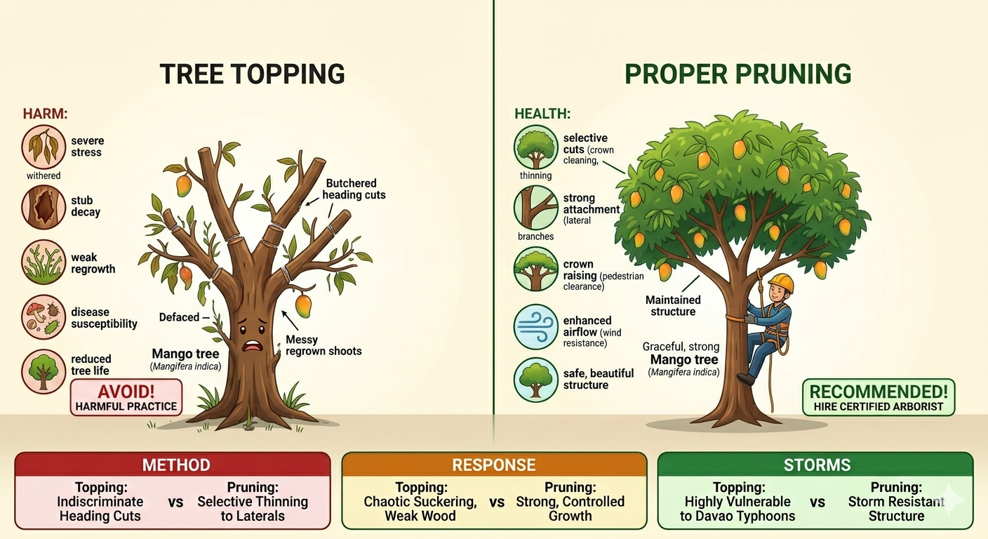 Infographic comparing tree topping vs proper pruning, with damaged and healthy trees side by side