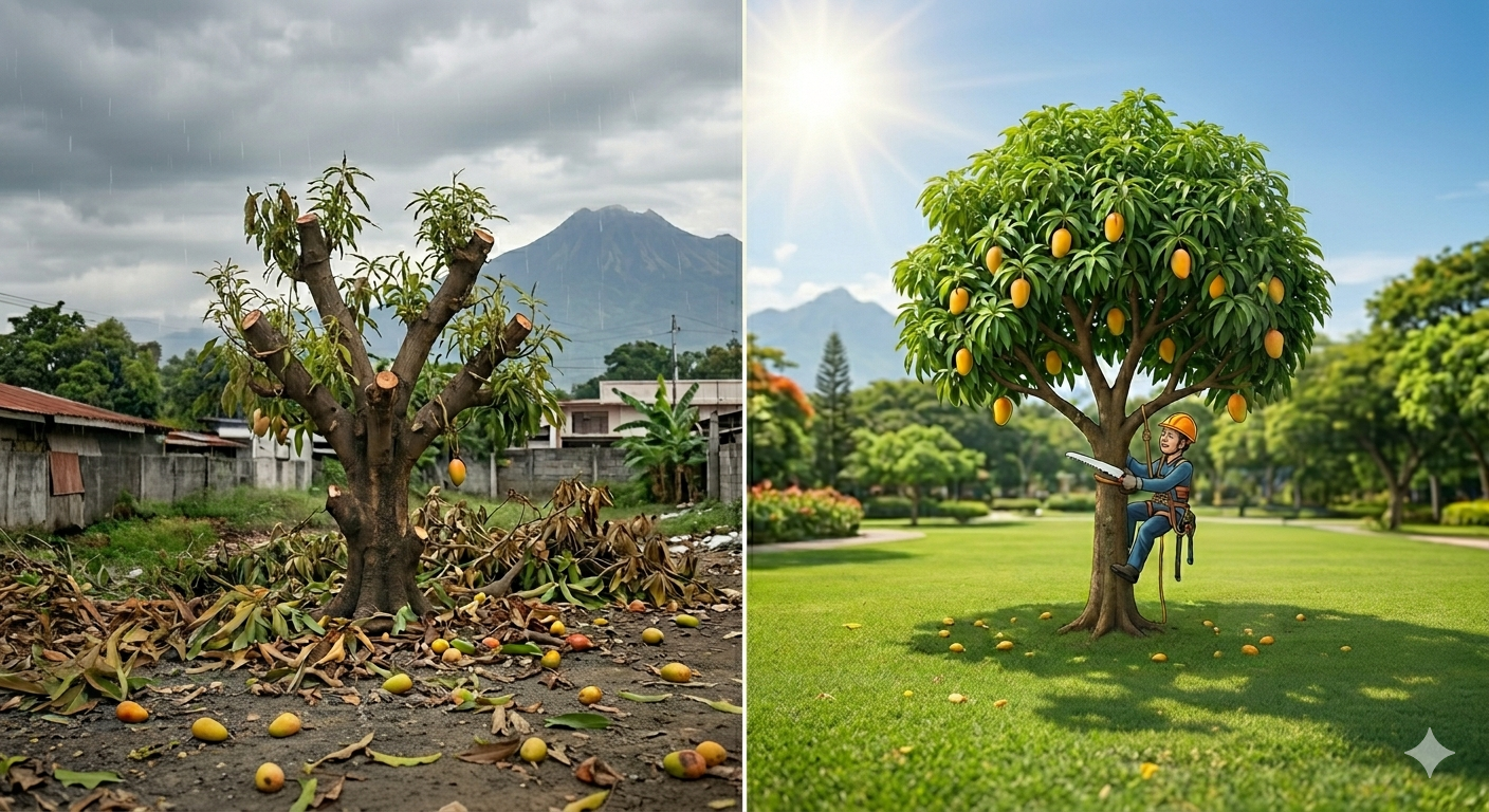 Split scene of a withered tree and a thriving orange tree in a sunny green orchard