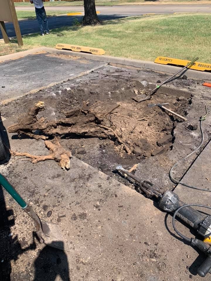 A large piece of wood is laying on the ground next to a drill.