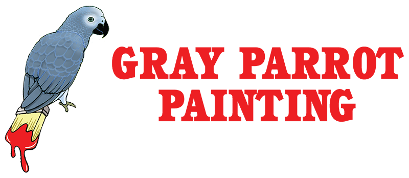 Gray parrot holding a paintbrush dripping red paint, the logo for "Gray Parrot Painting."