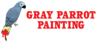 Gray parrot holding a paintbrush dripping red paint, the logo for "Gray Parrot Painting."
