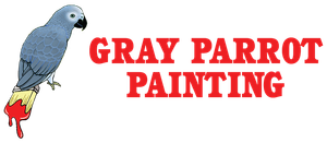 Gray parrot holding a paintbrush dripping red paint, the logo for "Gray Parrot Painting."