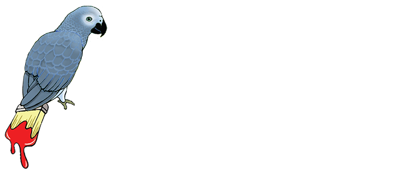 A gray parrot perched on a paint brush dripping red paint.