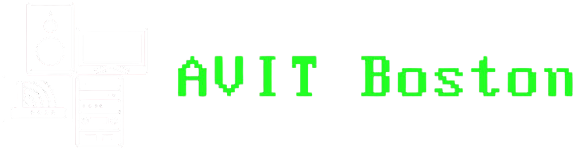 Green tech icons of speaker, monitor, router, and server with a word.
